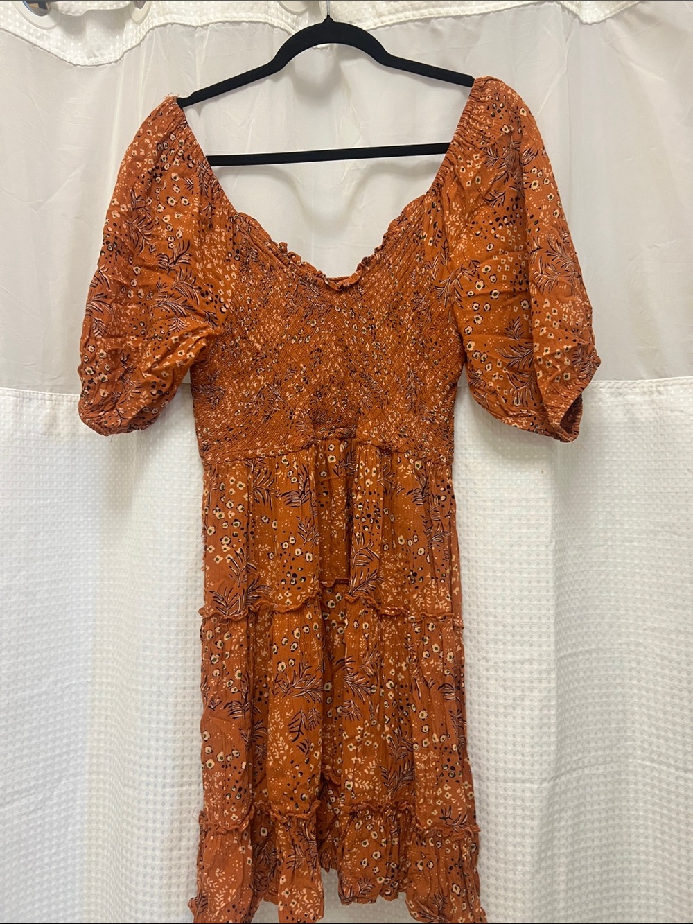 Angie Burnt Orange Floral Smocked Midi Dress